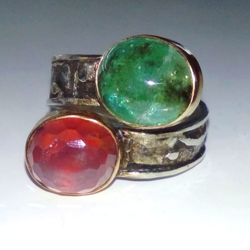 Natural Ruby Emerald In 14K Yellow Gold And Sterling Silver Bypass Ring 8.25